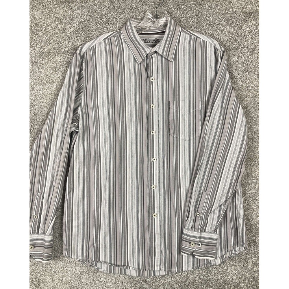 Tasso Elba Men's M Gray Striped Button Up Long Sleeve Shirt 100% Cotton